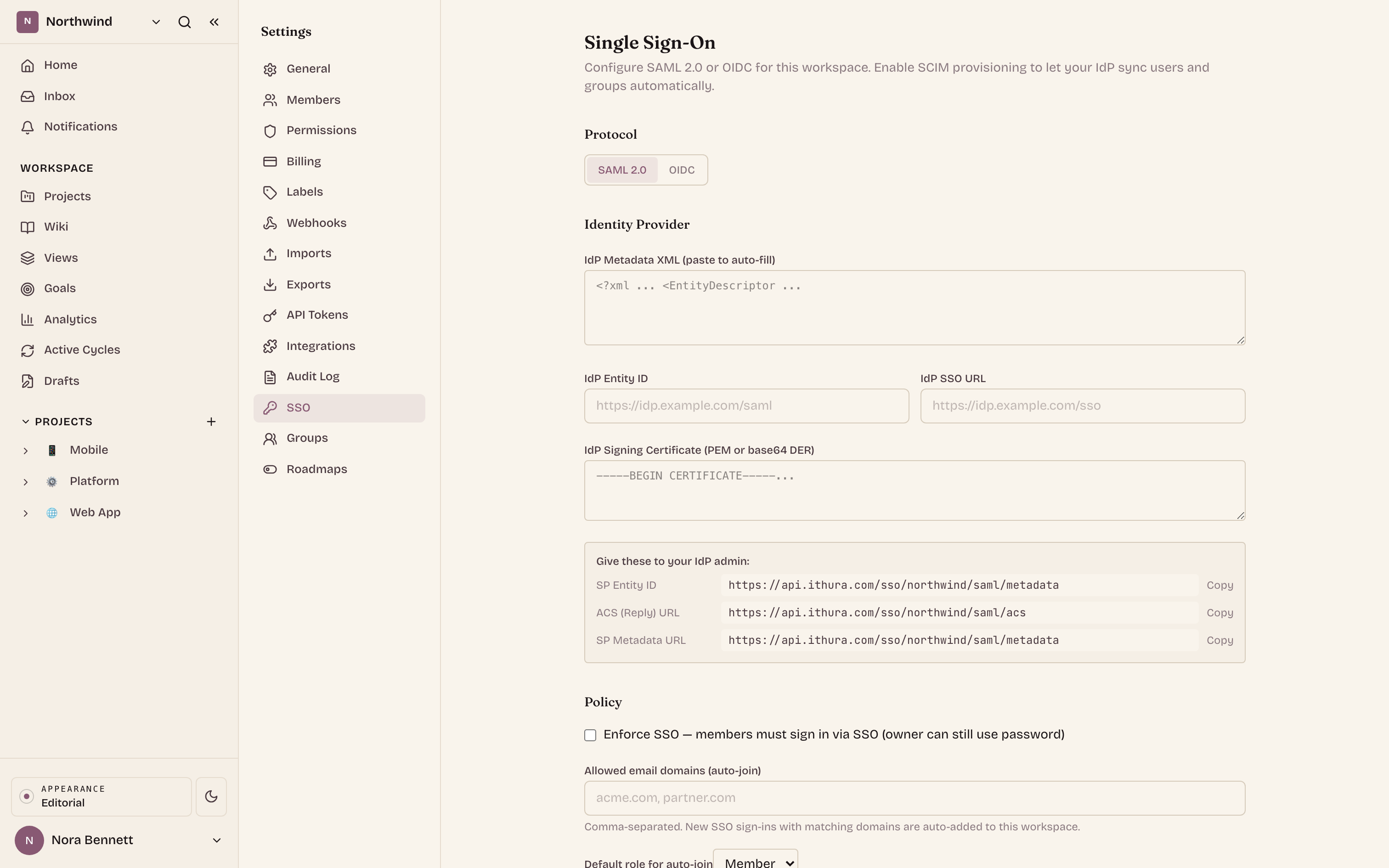 Enterprise controls: single sign-on, SCIM, custom roles, and an audit log.