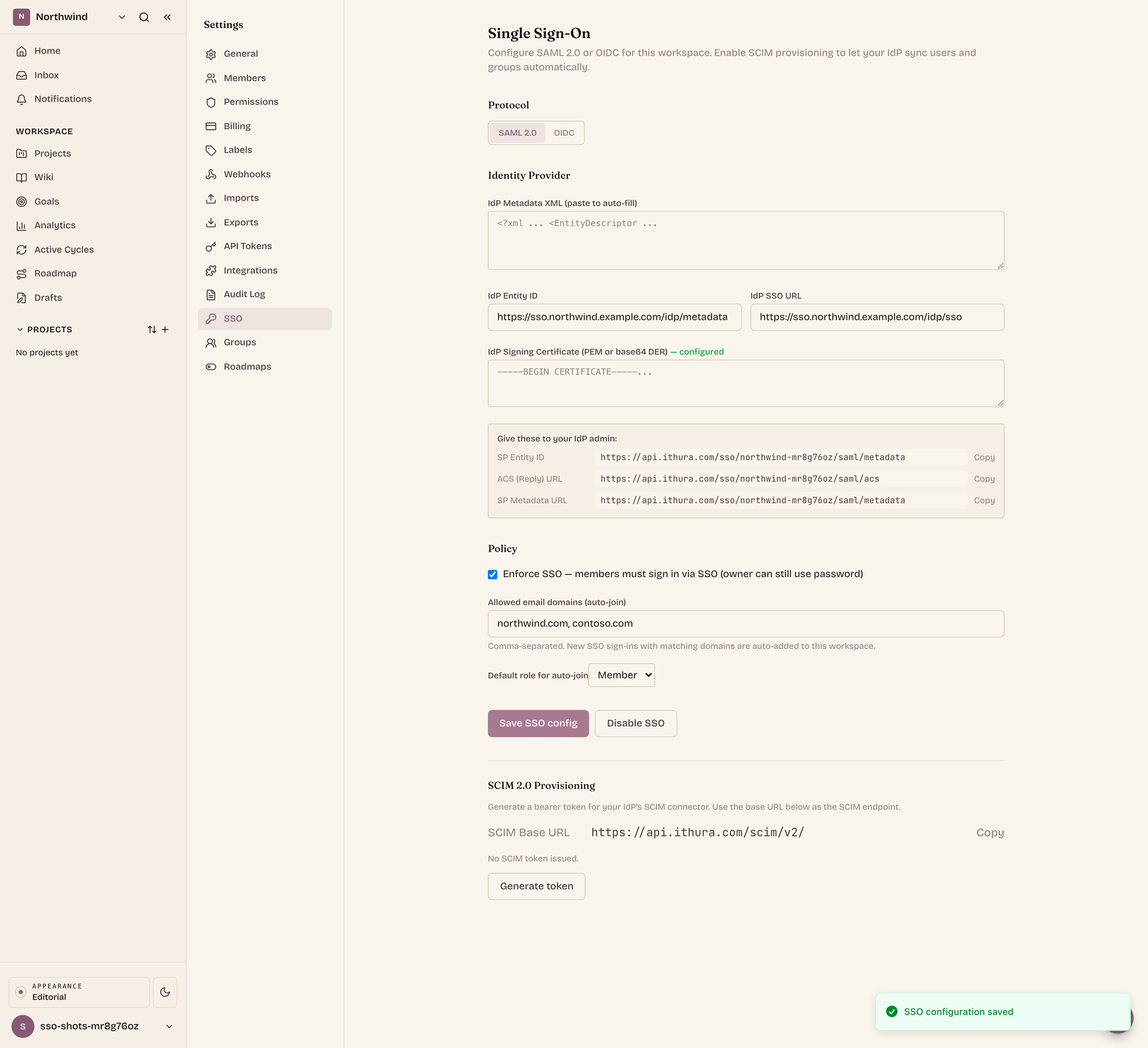 The workspace SSO settings page with SAML 2.0 configured: the identity-provider fields, the SP Entity ID, ACS URL, and SP Metadata URL to hand to your IdP, the Enforce SSO toggle and auto-join policy, and the SCIM 2.0 base URL.