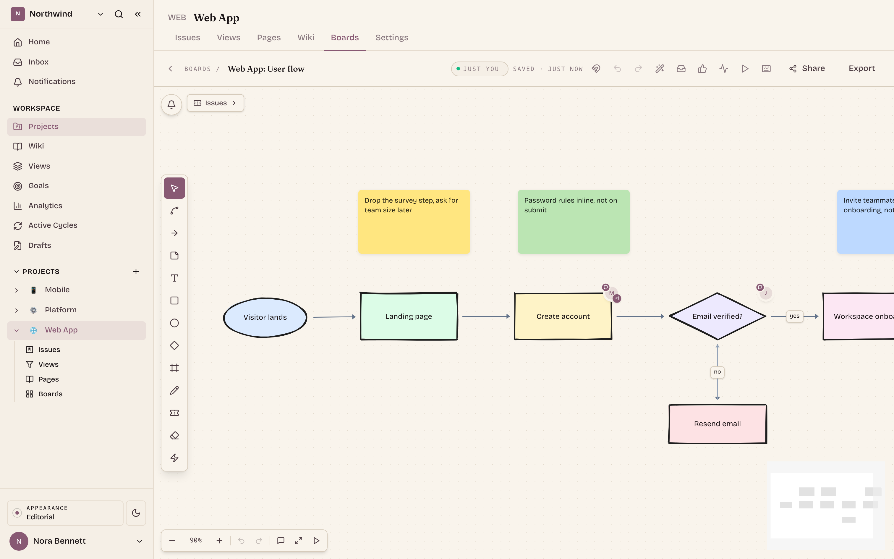 A Boards whiteboard: sticky notes, shapes, arrows, and a flow of issue cards on a shared multiplayer canvas.