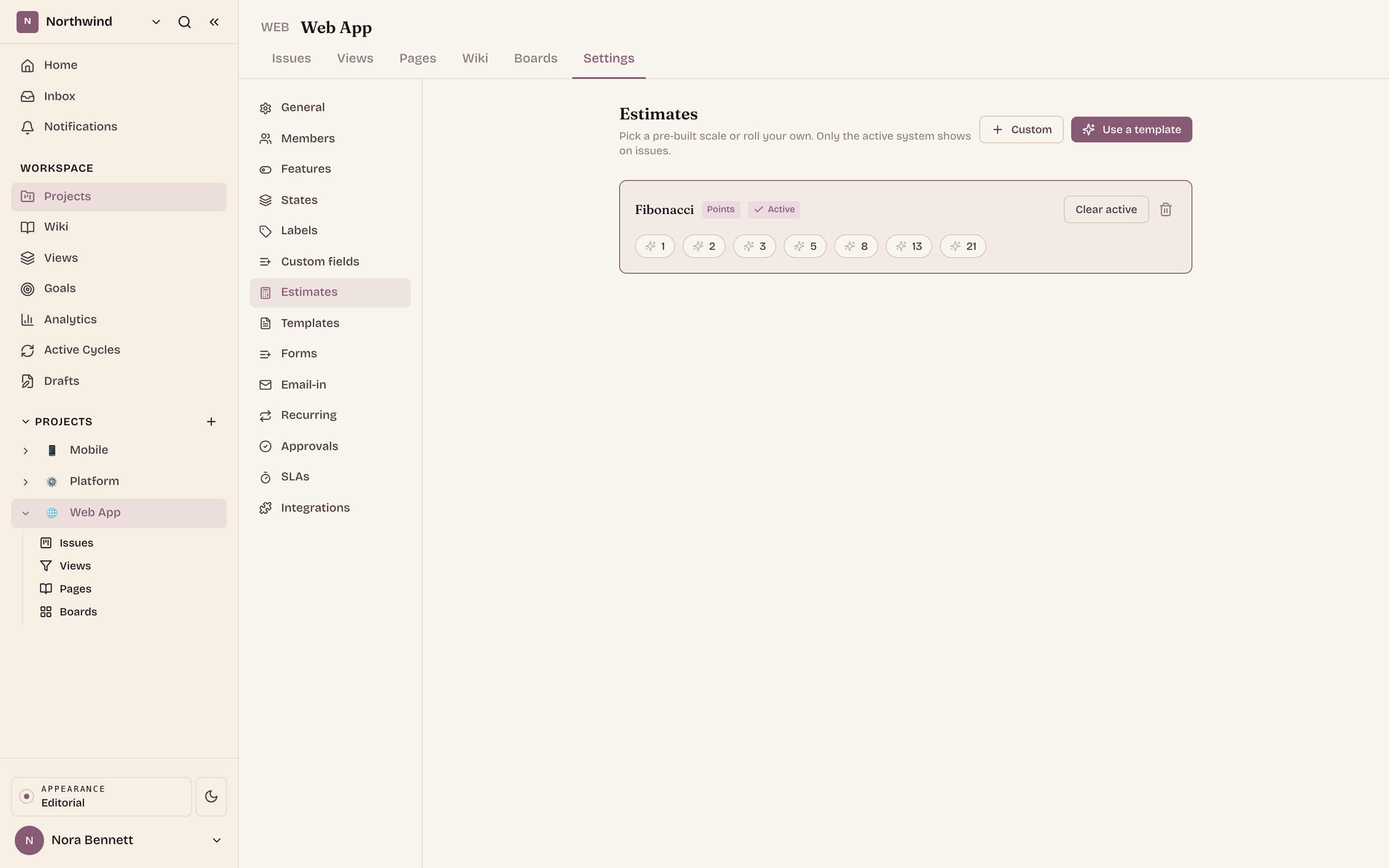 Project settings, Estimates: the active Fibonacci points system, its values shown as chips, with Custom and Use a template controls.