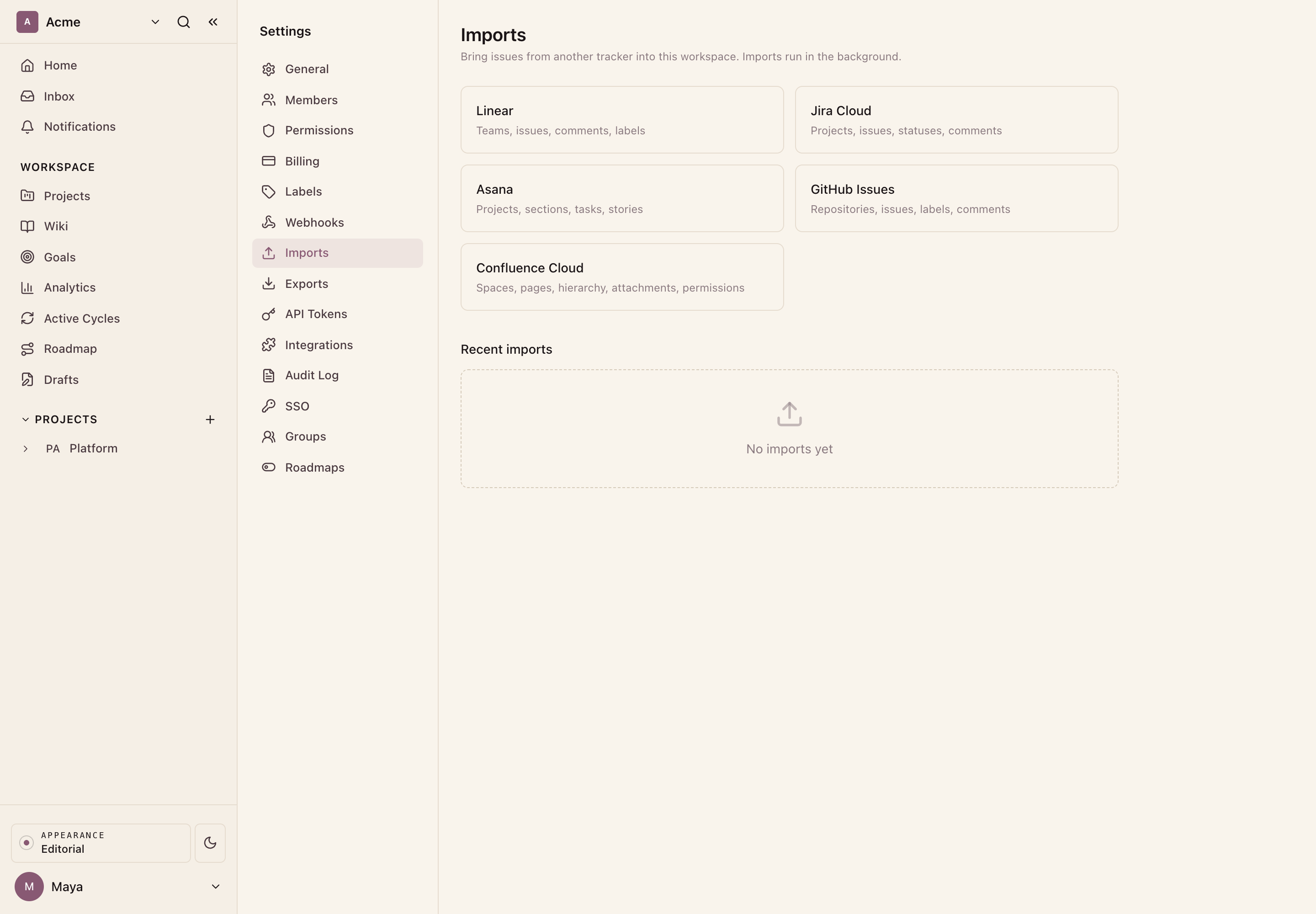 Workspace Imports: pick a source. Confluence Cloud sits alongside Linear, Jira Cloud, Asana, and GitHub Issues.