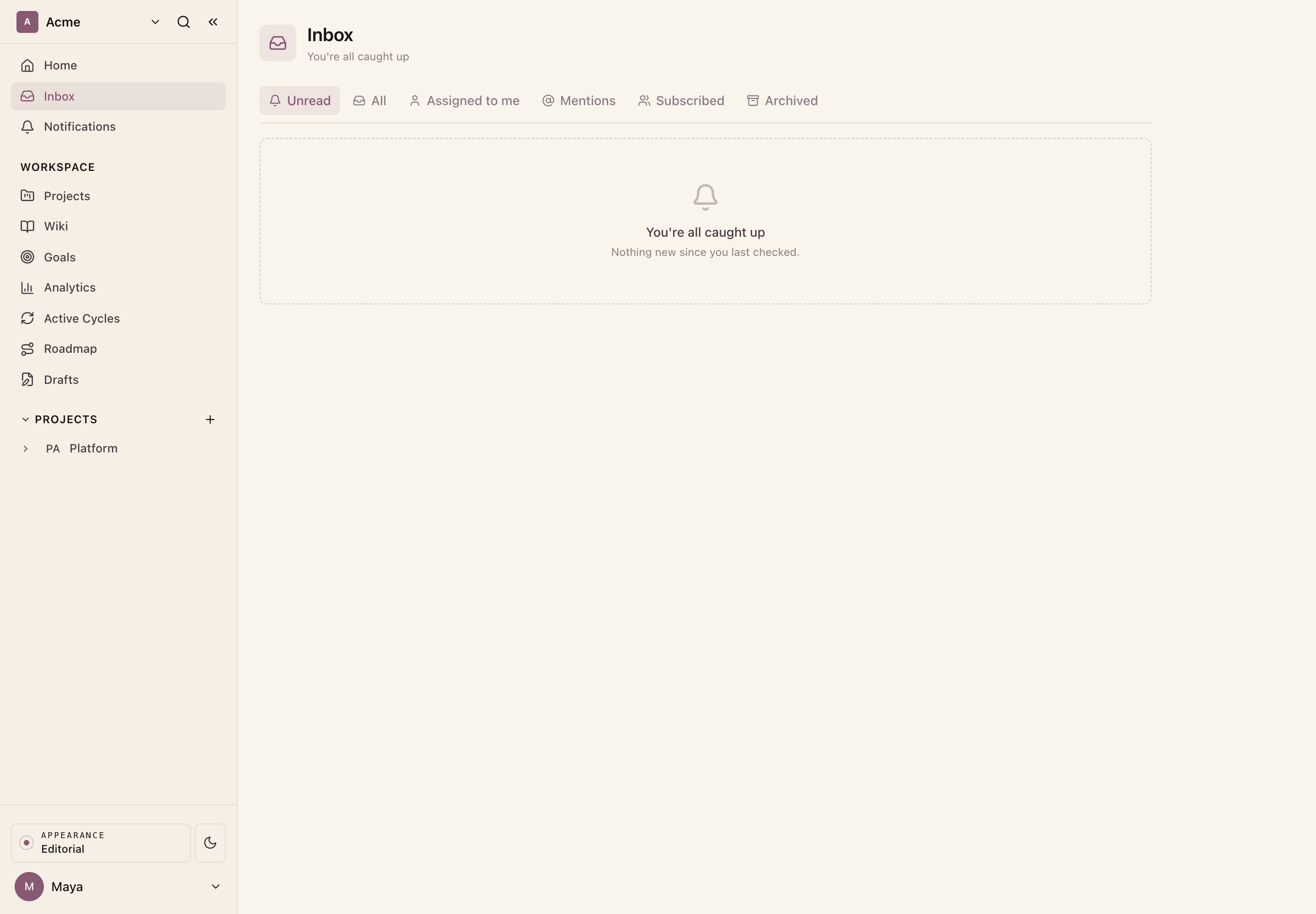 The notifications inbox, with Unread, All, Assigned to me, Mentions, Subscribed, and Archived filters.