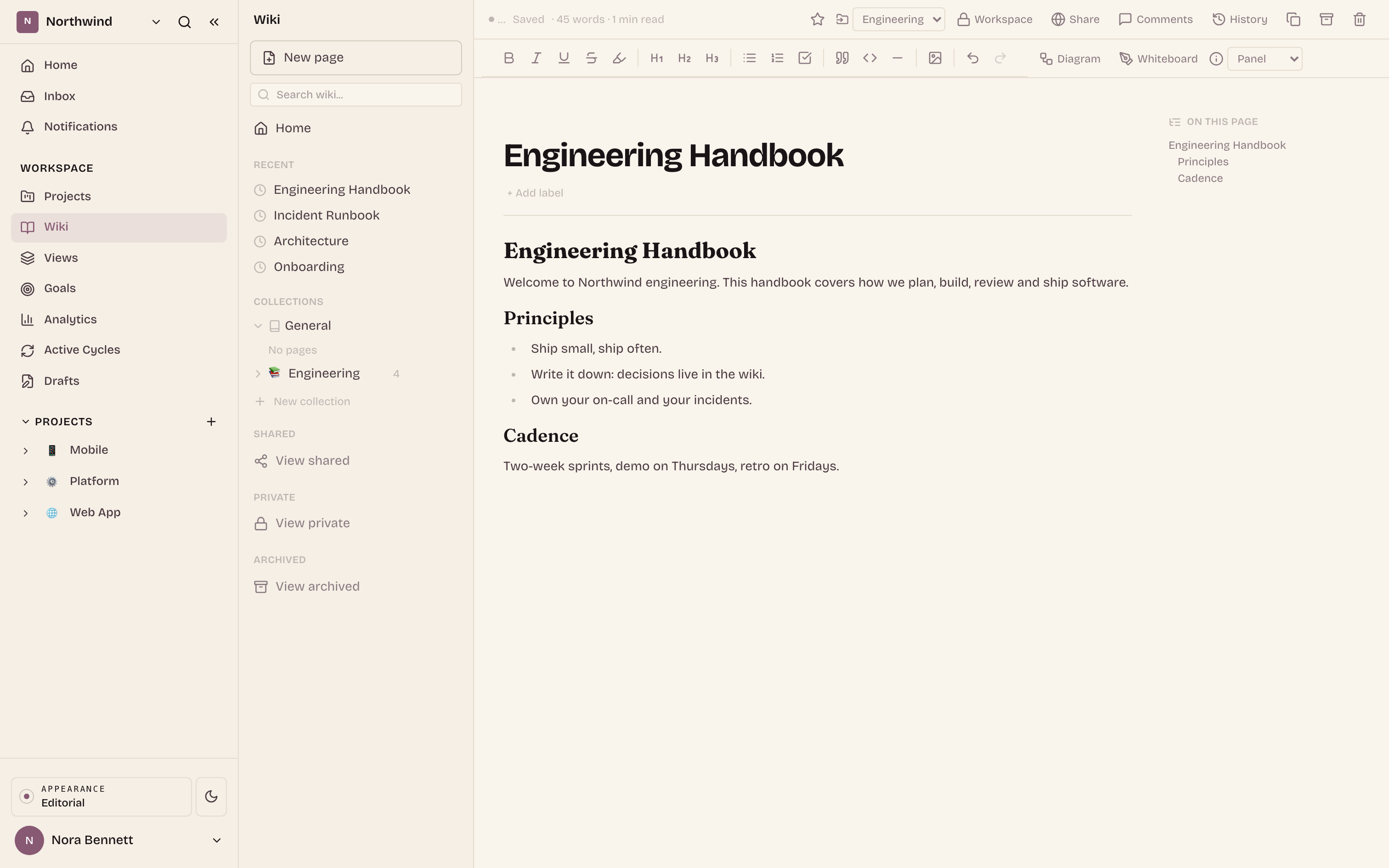 The workspace Wiki: collections and a page tree on the left, a rich block page in the reading column.