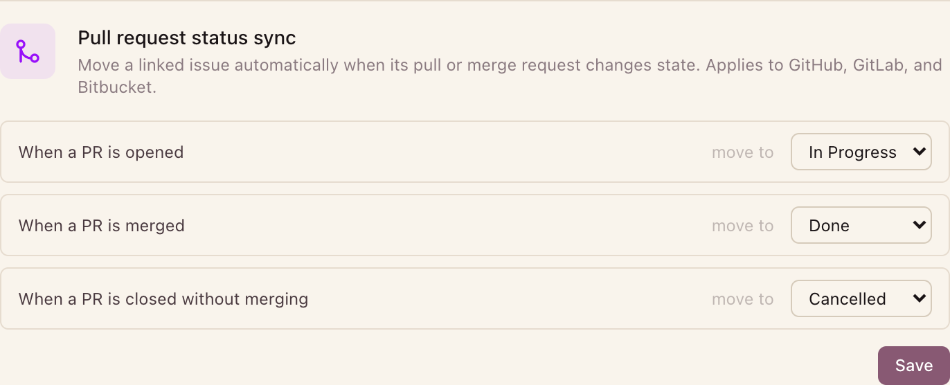 The Pull request status sync card, mapping opened, merged, and closed events to workflow states.