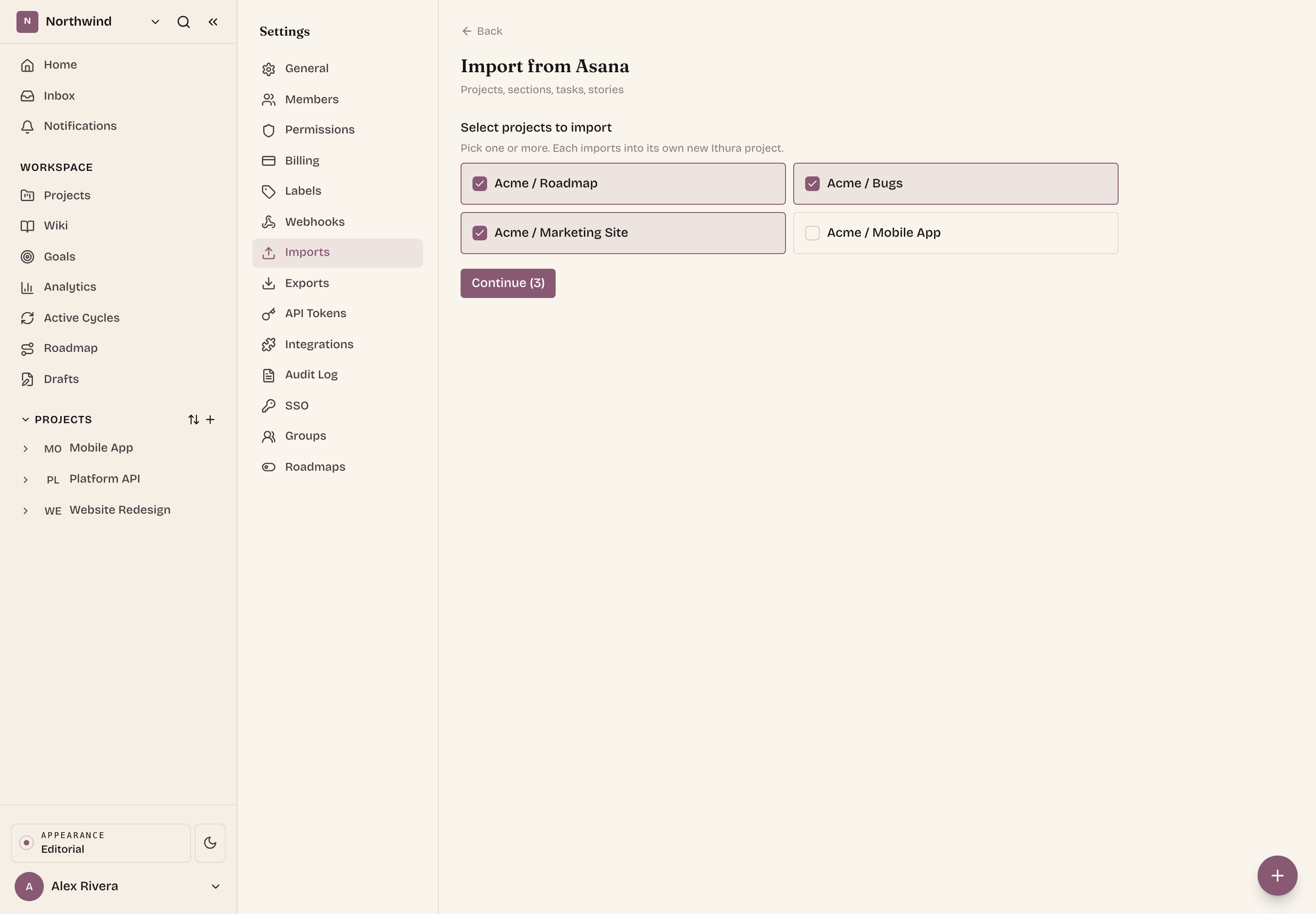 Select one or more Asana projects to import.