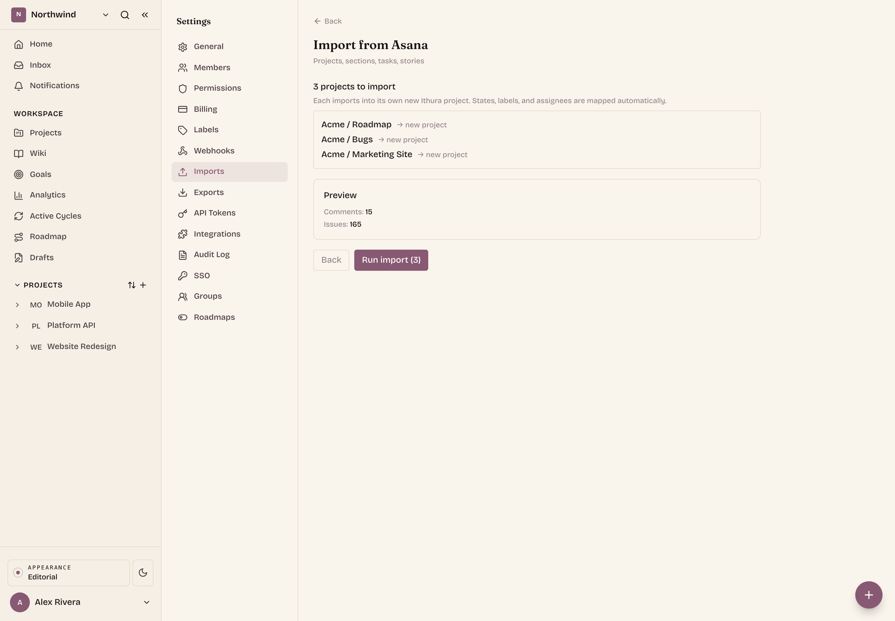 Combined preview: total task and comment counts across the selected projects.
