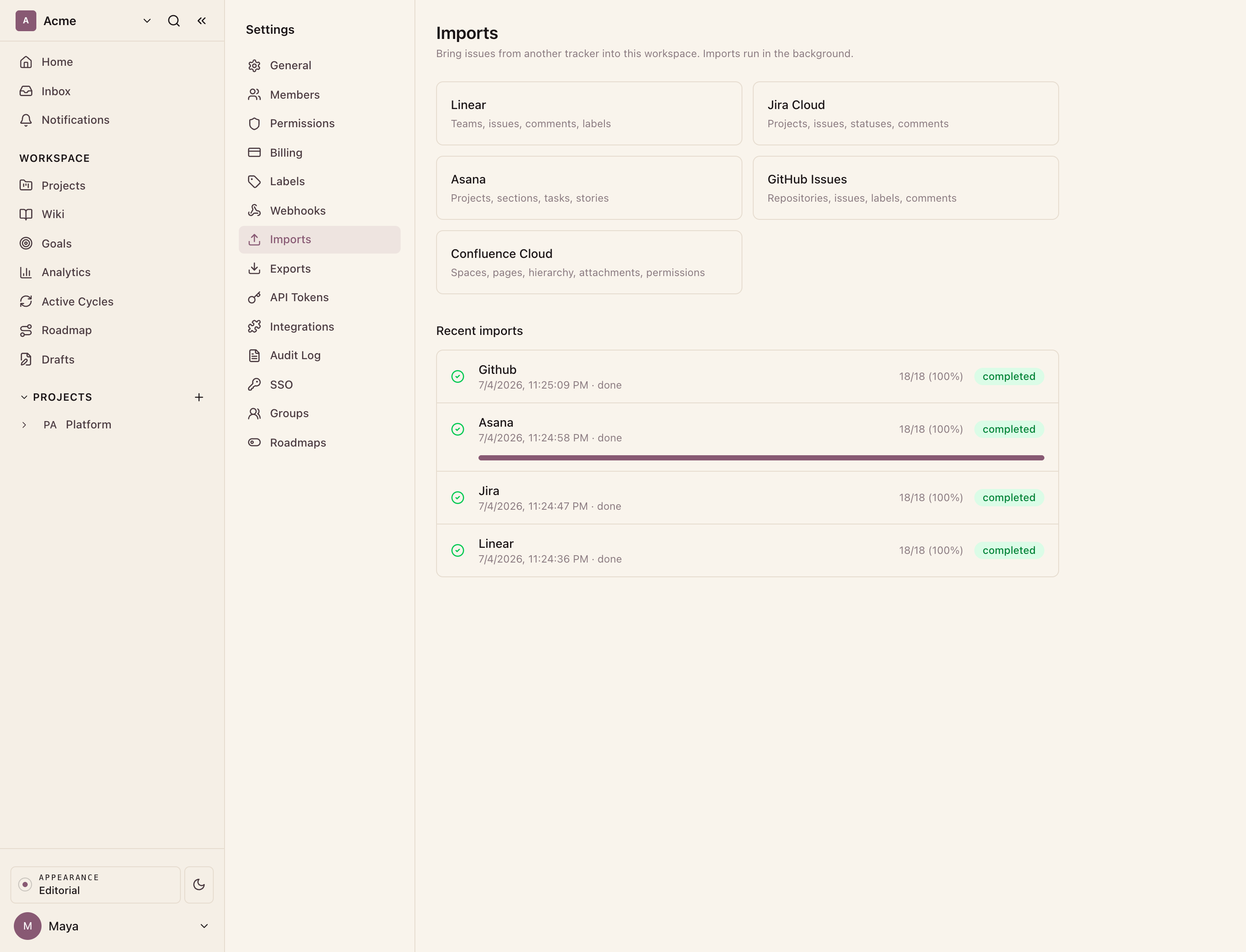 Recent imports: the Asana jobs completed.