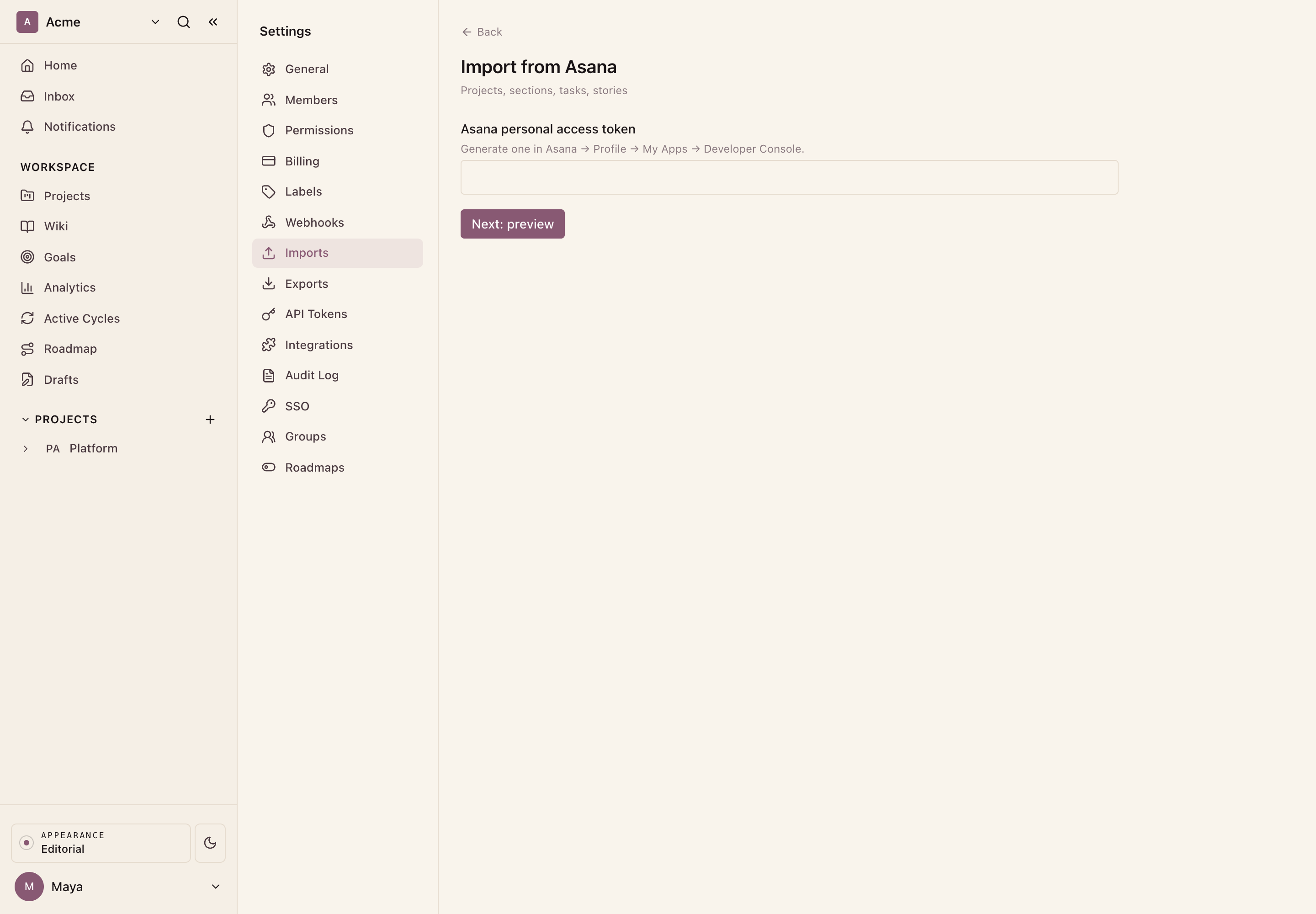 Connect Asana: a personal access token.