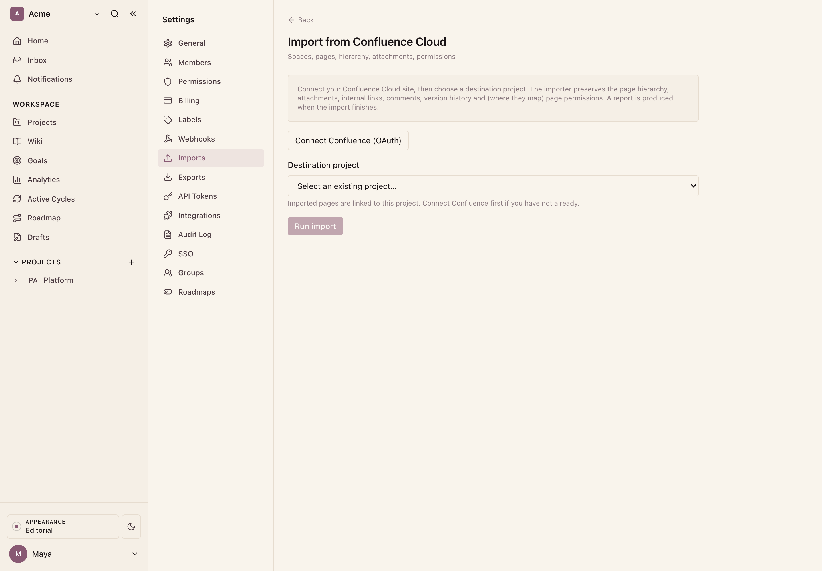 Connect Confluence: authorize over OAuth, then choose the destination project the pages import into.