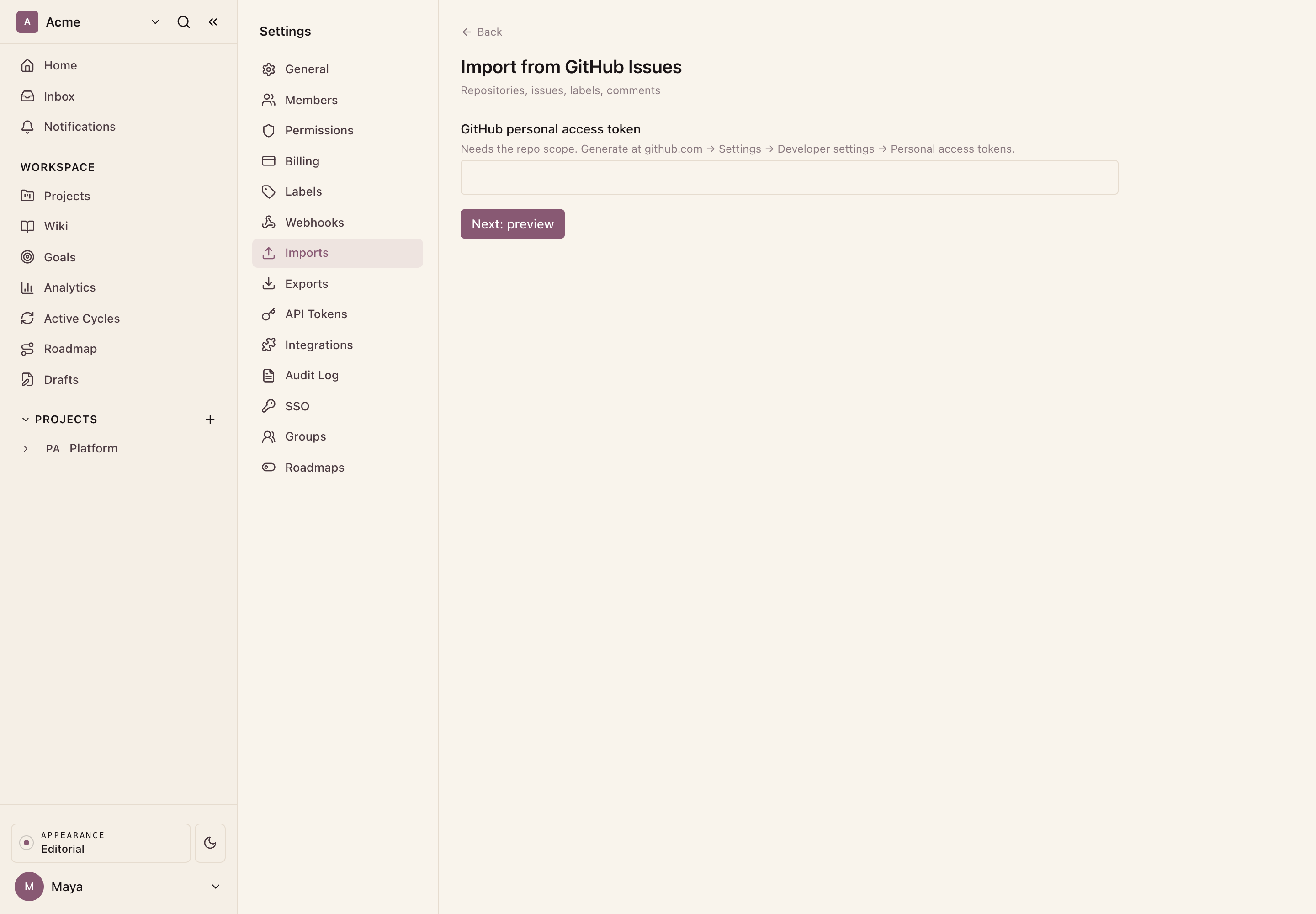 Connect GitHub: a personal access token with the repo scope.