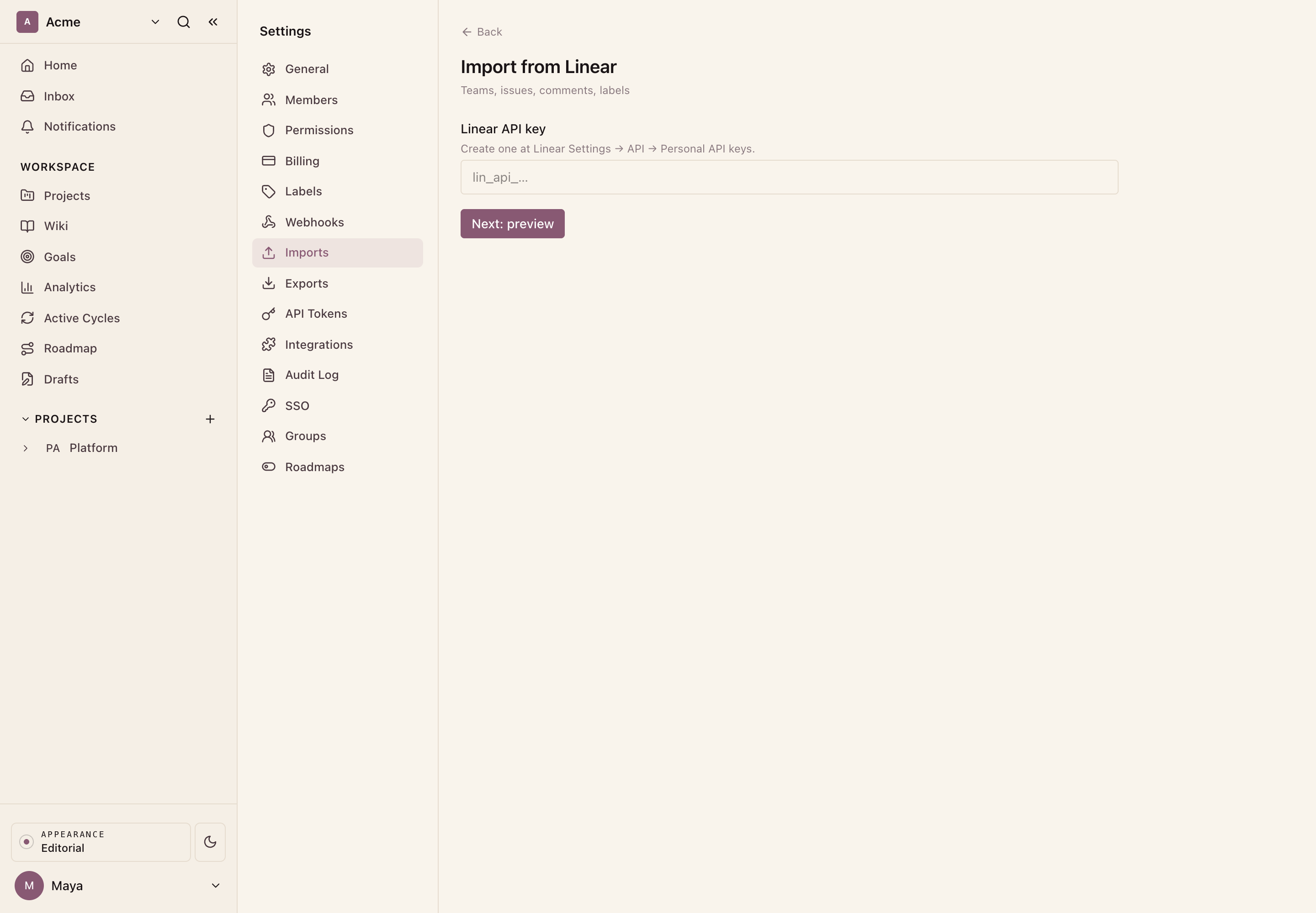 Connect Linear: paste a personal API key.