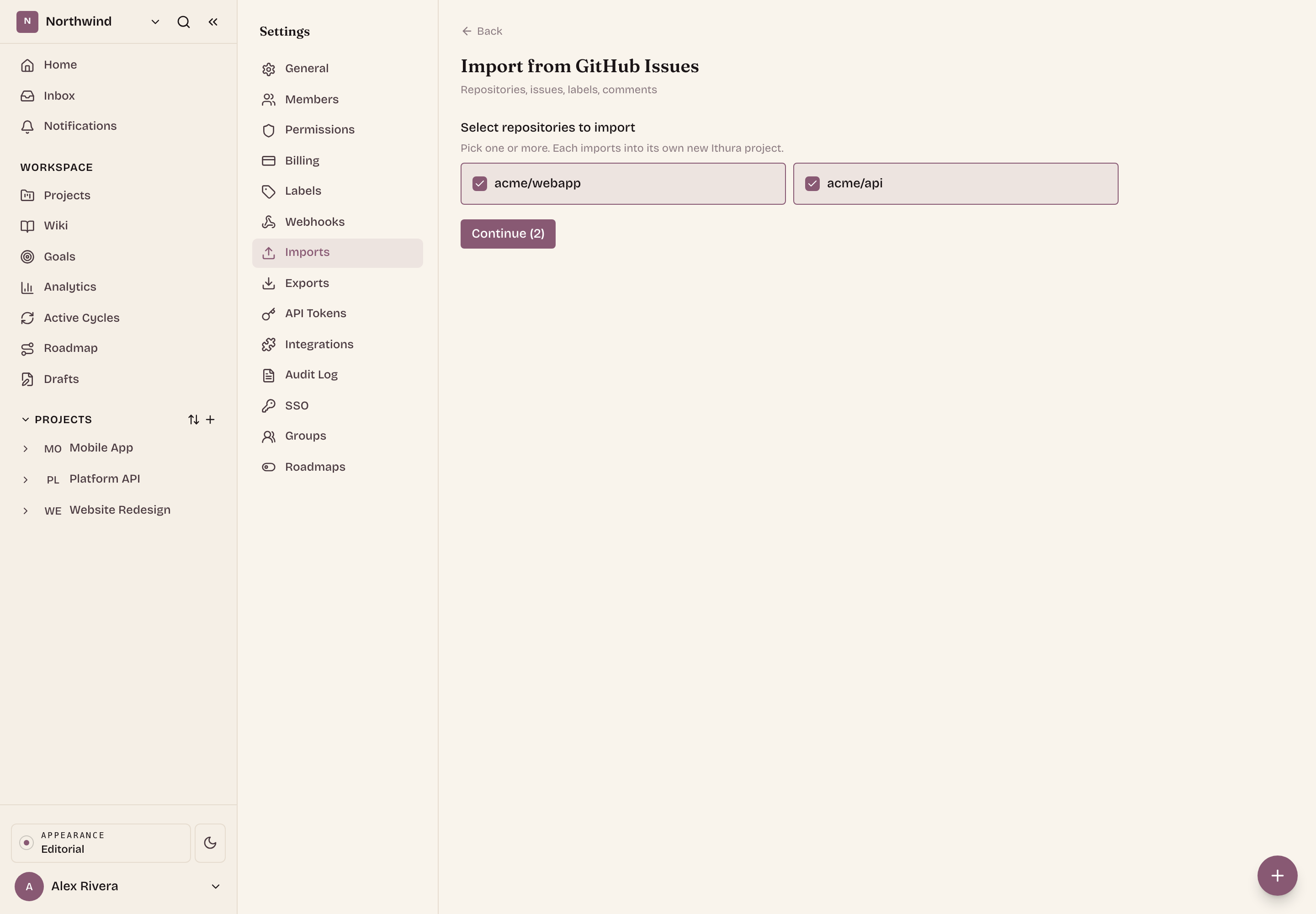 Select one or more GitHub repositories to import.