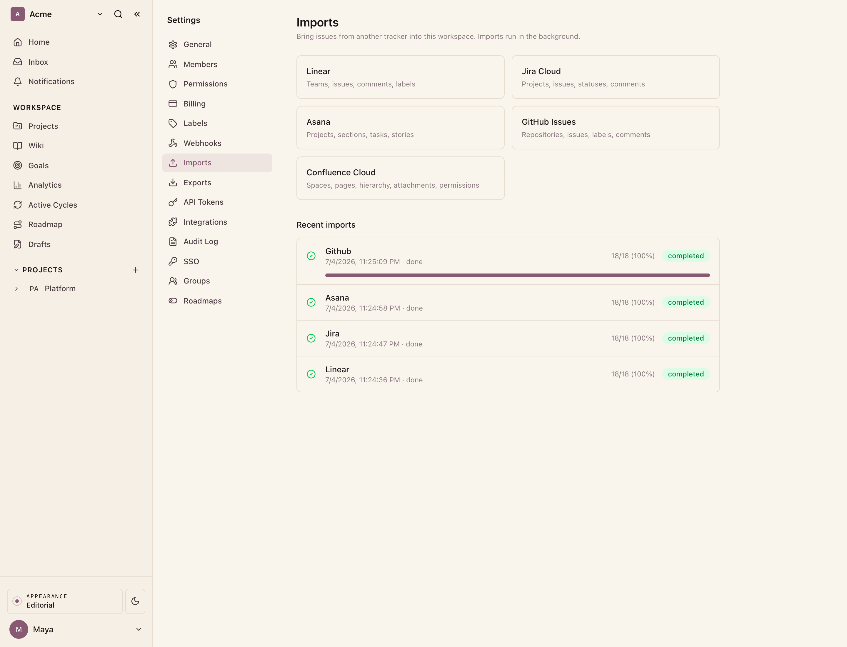 Recent imports: the GitHub jobs completed.