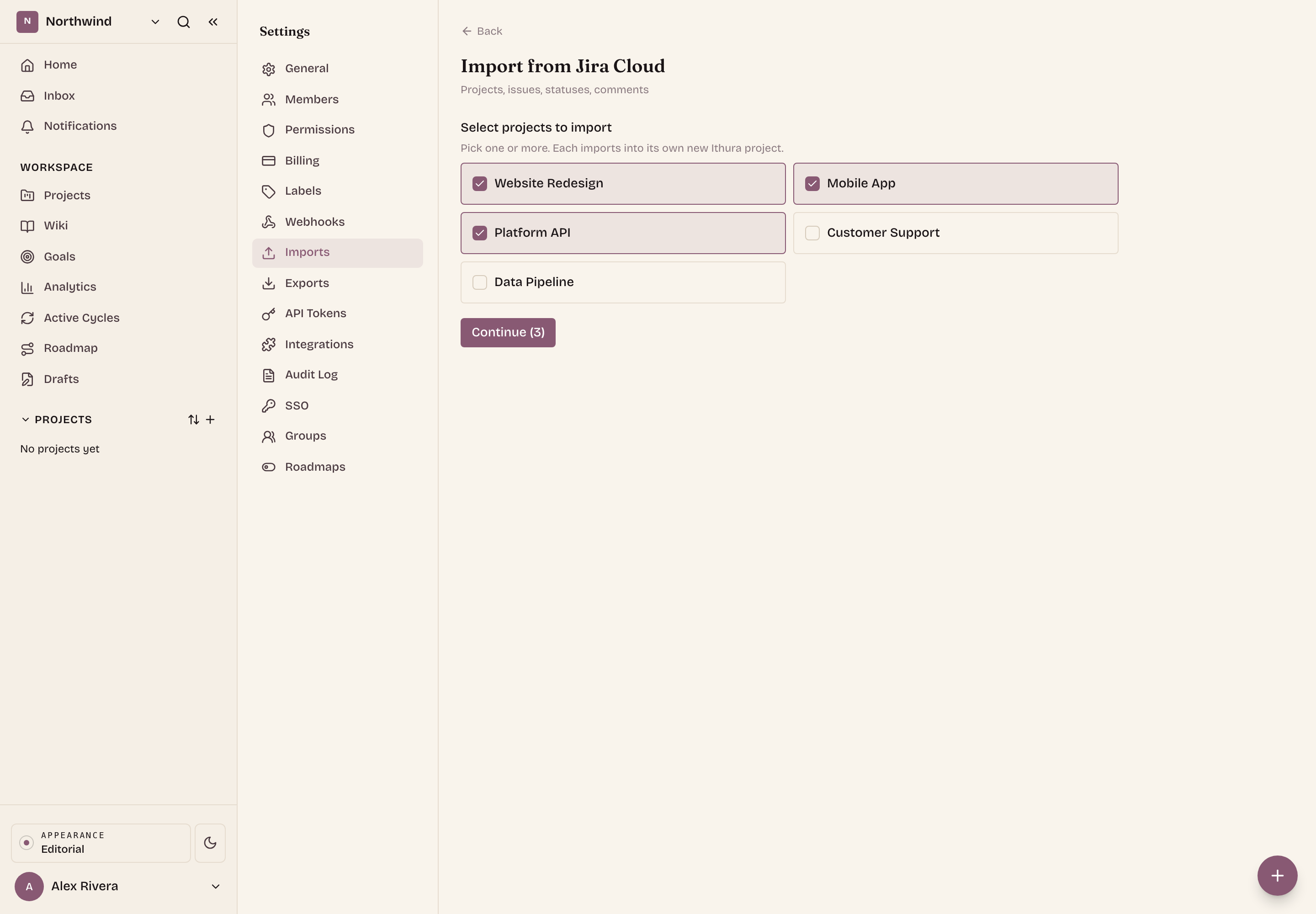 Select one or more Jira projects to import.