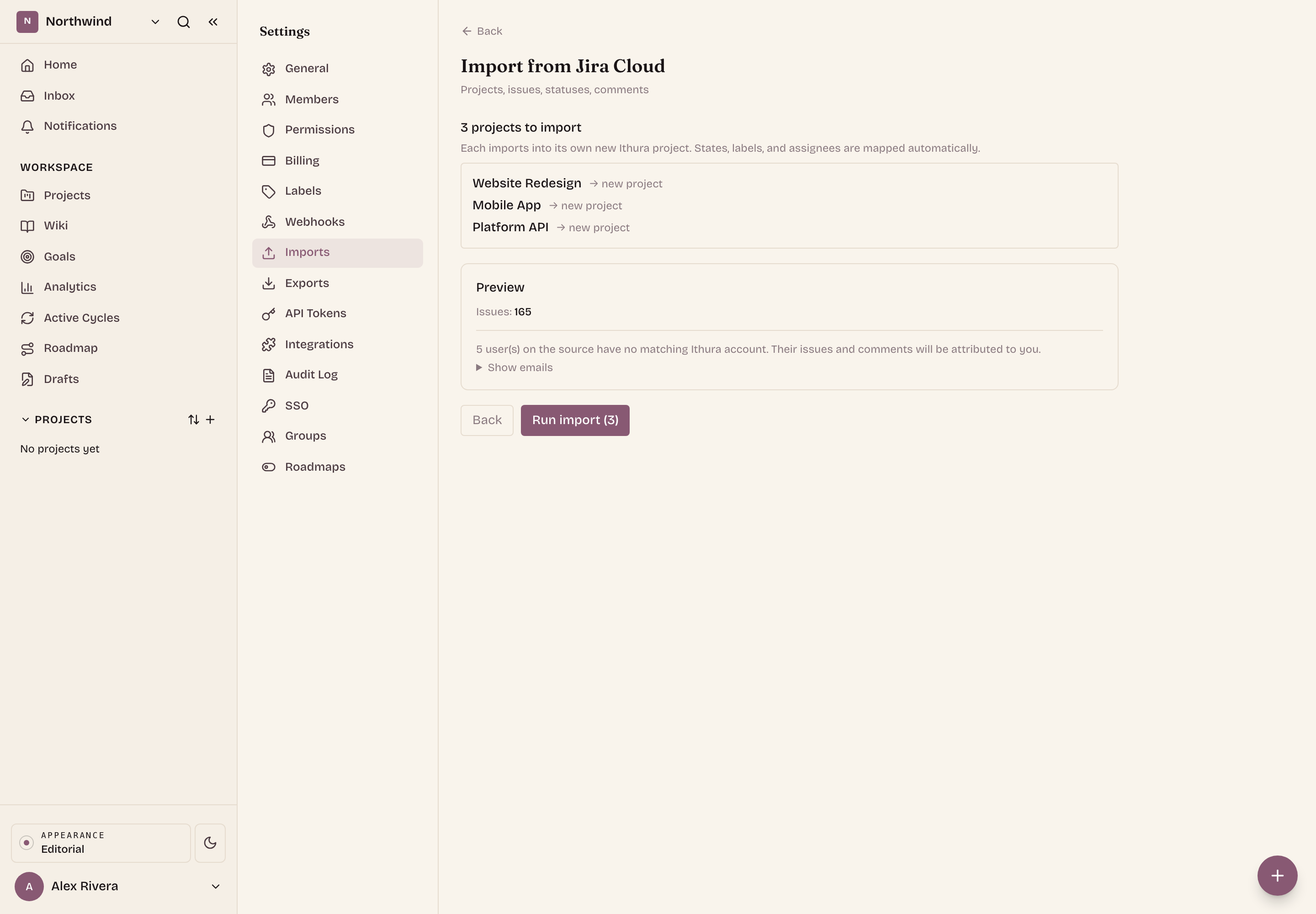 Combined preview: total issue count and unmatched users across the selected projects.