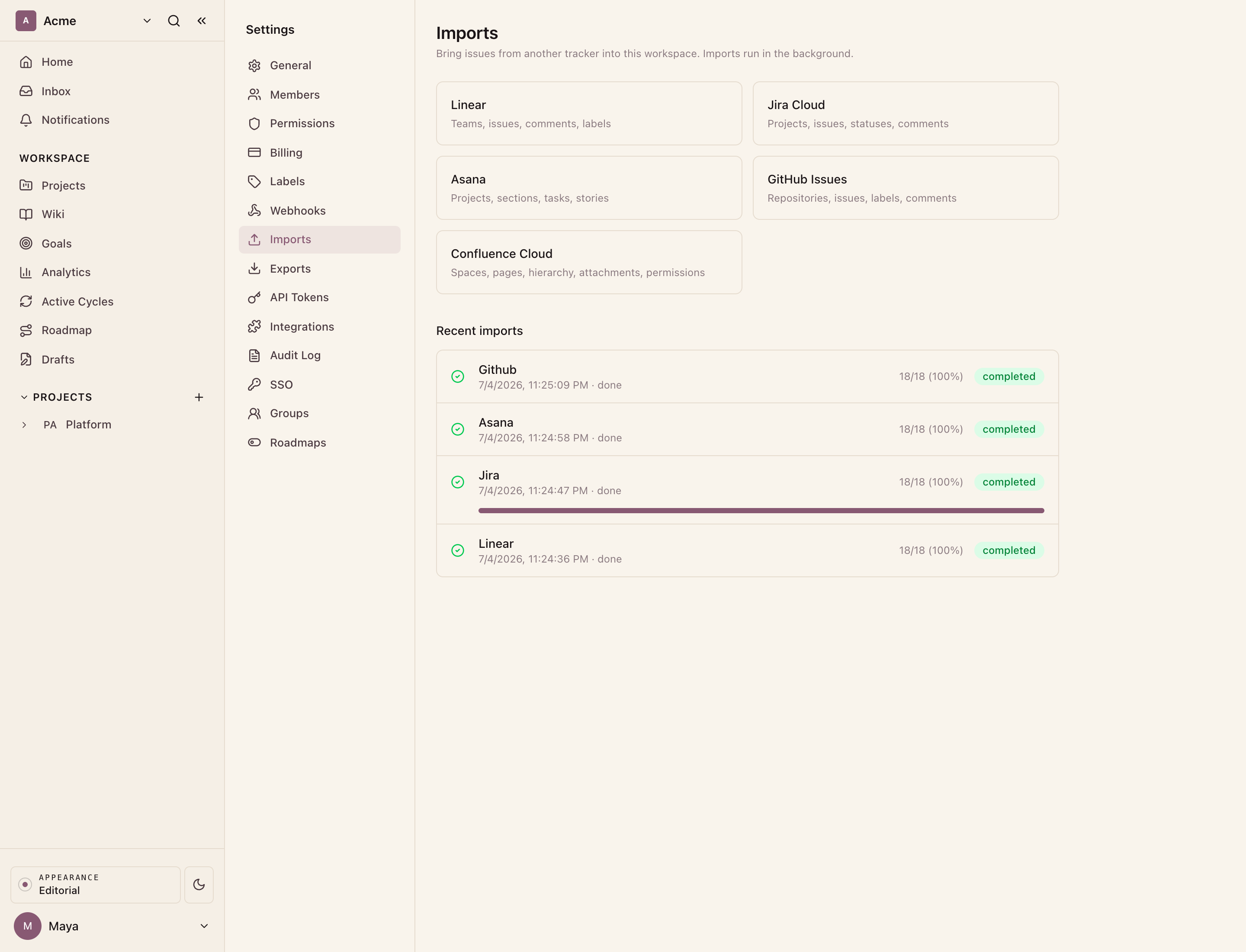 Recent imports: the Jira jobs completed.
