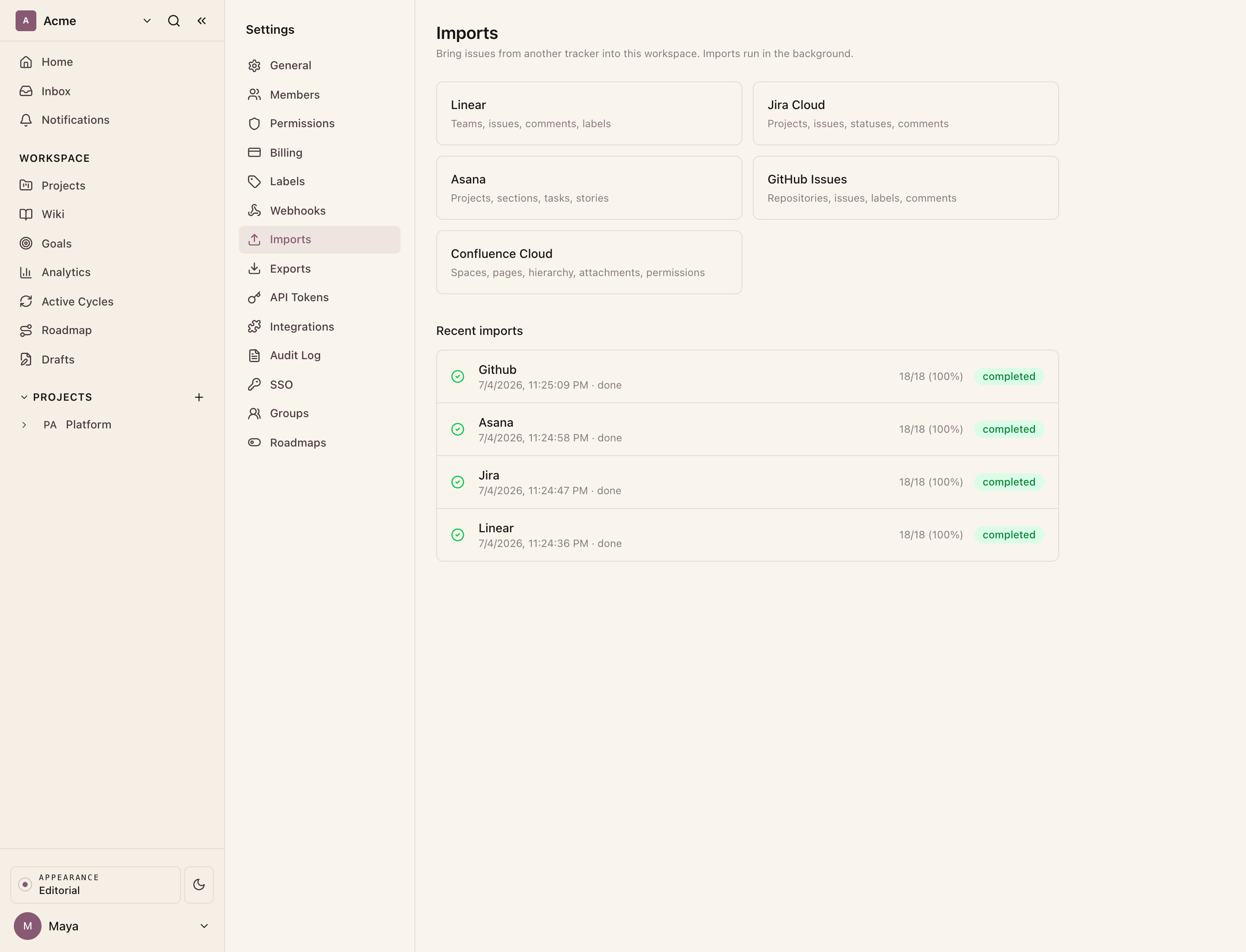 Recent imports: each run shows its source, progress, and a completed badge.