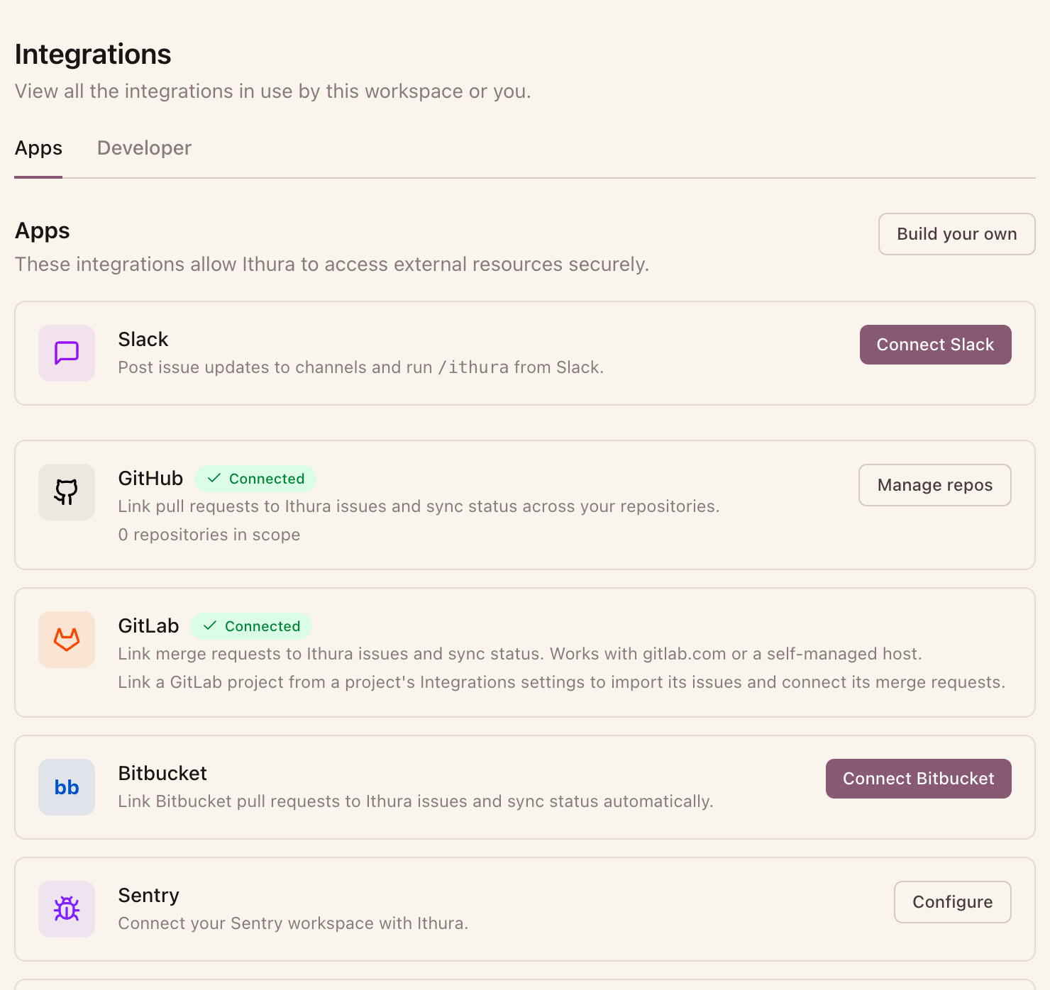 The workspace Integrations screen, with a card for Slack and each git provider.