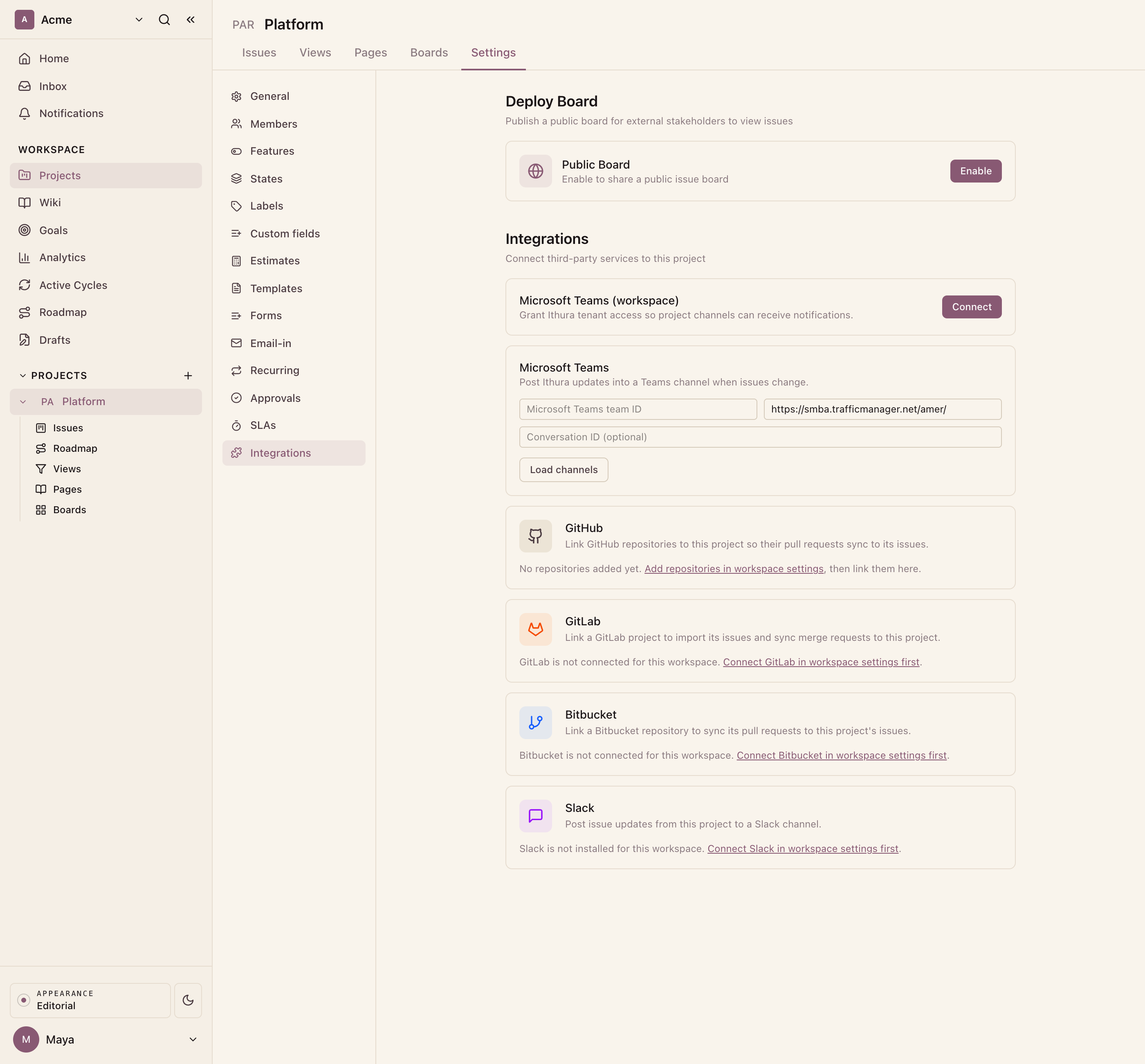 Project settings, Integrations tab, where each provider is bound to this project.