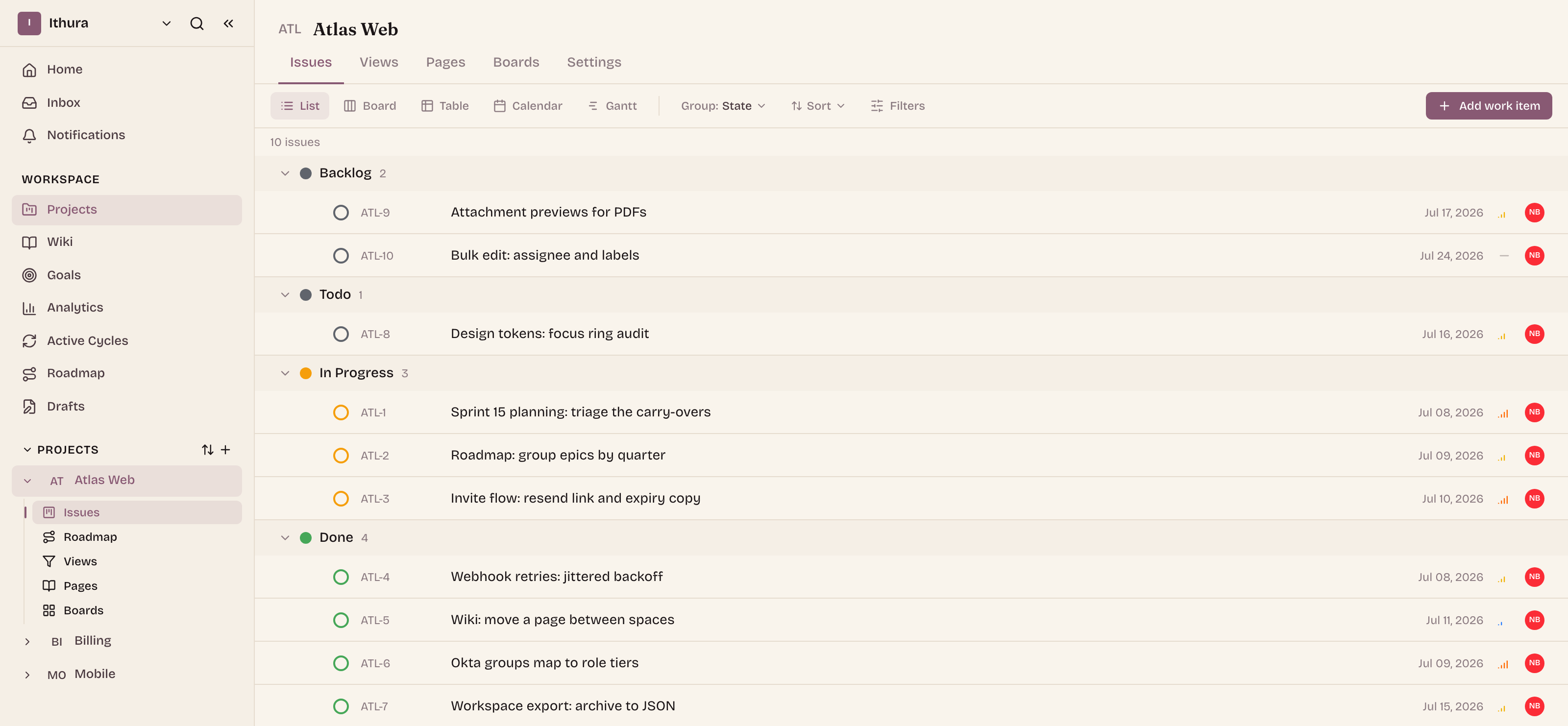 The Ithura tasks view: the sidebar shows workspace sections and an expanded project, and work items are grouped by state with priorities, due dates, and assignees