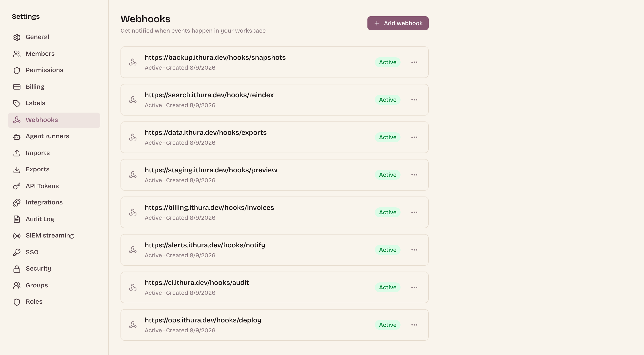 Workspace webhook settings: eight active endpoints beside the full settings navigation